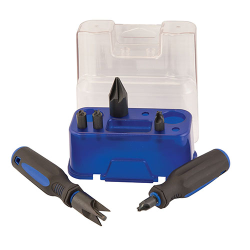 Frankford Arsenal® Case Prep Essentials Kit innehåller 2 handtag, chamfer-verktyg, primer pocket uniformer/cleaner och crimp remover för effektiv kapacitetshantering.