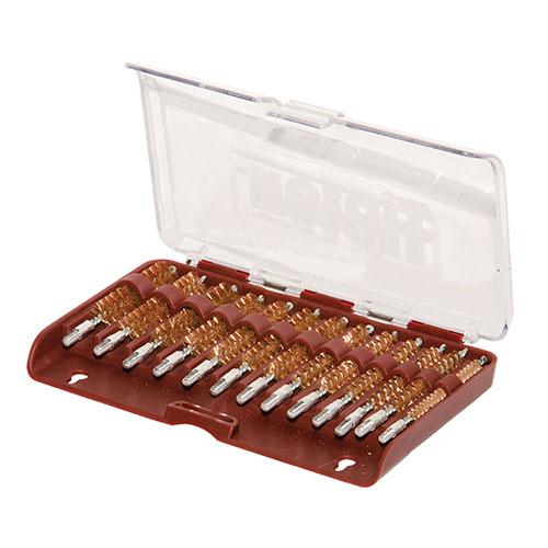 Tipton 13-delars borste-set för gevär med kaliber-specifika borstar i en hållbar låda, tillverkade av premium phosphor bronze för effektiv rengöring.