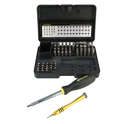Komplettera ditt verktygsarsenal med Wheeler 55-delars Hex/Torx skruvmejselsats, inklusive vanliga bits, ¼” och 4mm handtag samt praktisk förvaring.