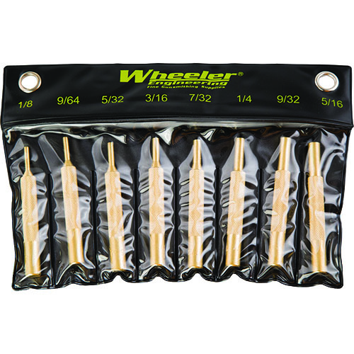 Wheeler Brass Punch Set innehåller 8 olika storlekar (1/8", 9/64", 5/32", 3/16", 7/32", 1/4", 9/32", 5/16") för exakt och skonsam bearbetning av delar.