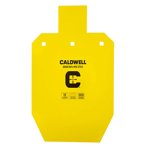 Caldwell AR500 66% IPSC stålmål är hållbara, synliga och klarar upp till 3000 fps och 3500 ft.lbs, perfekta för träning och tävling.