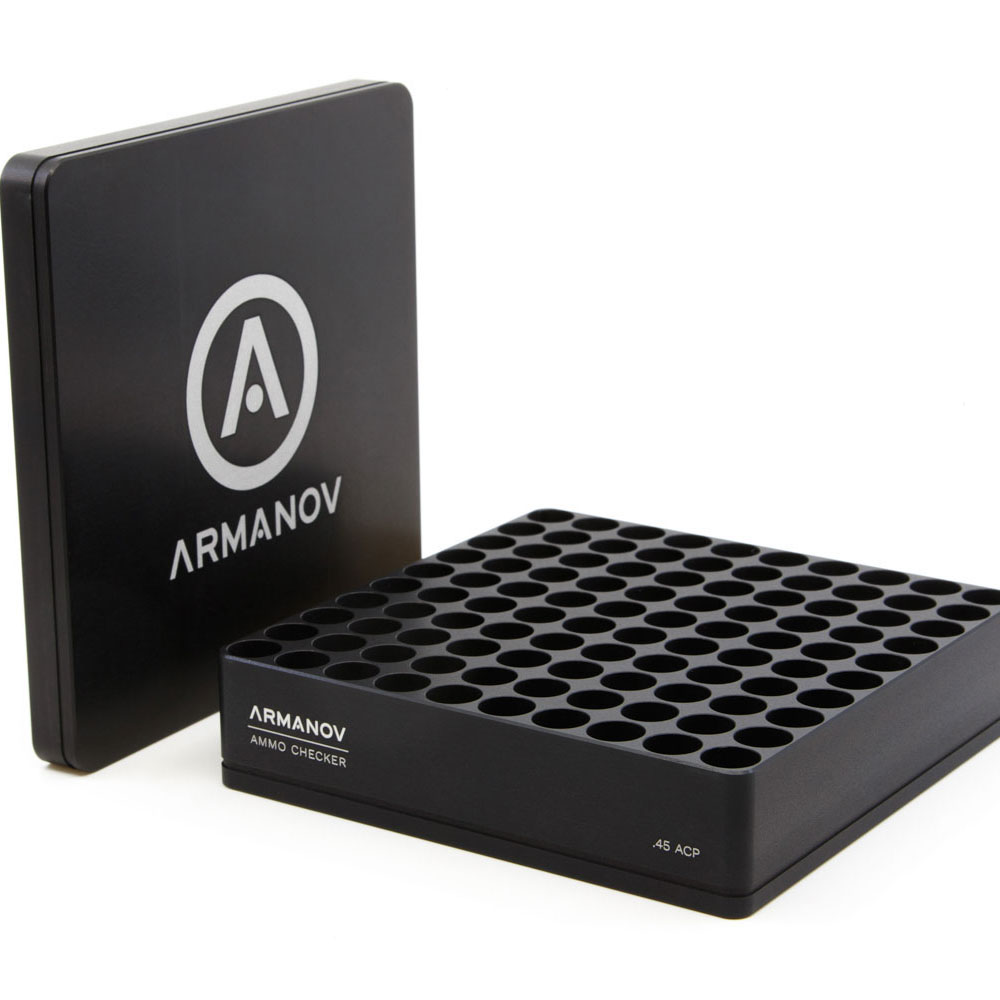 Armanov Gauge Box med Flip Cover testar 100 .45 ACP patroner snabbt och effektivt, minskar risken för malfunktioner och underlättar omladdning.