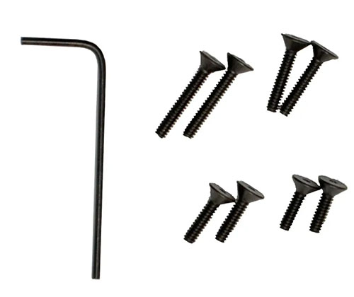 Den praktiska V3 Replacement Screw Kit Pack från MAGNETOSPEED innehåller 2 skruvar i tre storlekar samt en hexnyckel för enkel installation.