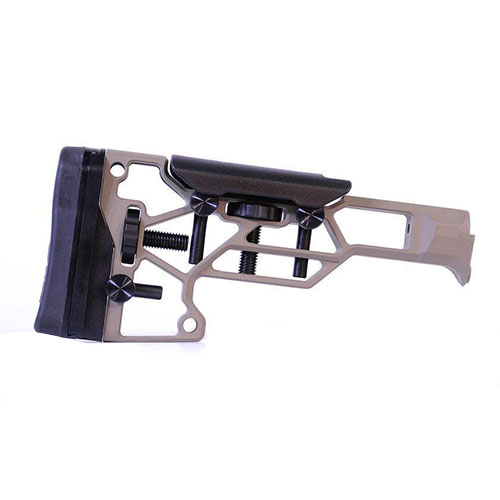 MDT Skeleton Rifle Stock V5 Standard erbjuder verktygsfri justering för optimal komfort och prestanda, med justeringar för kindstöd och kolv för perfekt passform.