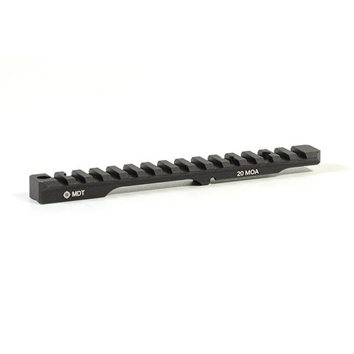 MDT Picatinny Scope Base 20 MOA är tillverkad i hållbar 6061-T6 aluminium, har en 20 MOA lutning för ökad justering och passar de flesta vänsterhänta system.