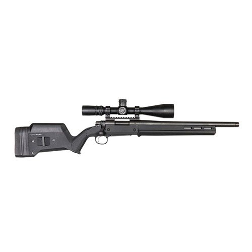 Magpul Remington 700 Hunter Stock ger förbättrad ergonomi, justerbar längd och kindhöjd, är M-LOK-kompatibel och kräver ingen bedding för enkel installation.