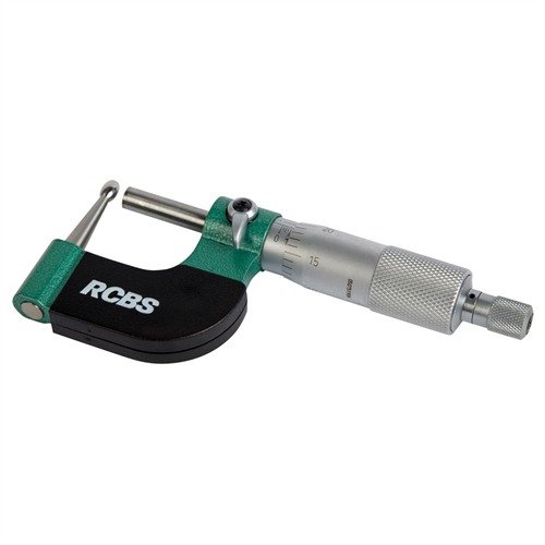 Ekonomisk Vernier ball micrometer för att mäta hylsans nacktjocklek, med metallkropp, noggrannhet inom .0001" och ratchet-stopp för jämn tryckapplikation.