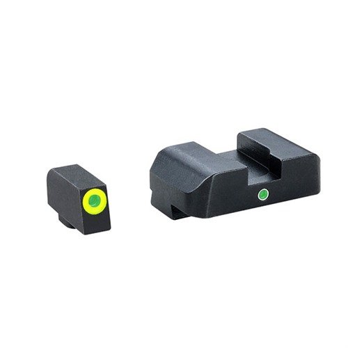 Pro I-DOT Night Sight Set för Glock® erbjuder snabb och instinktiv sikte med tritiuminsatser för synlighet i alla ljusförhållanden, dag som natt.