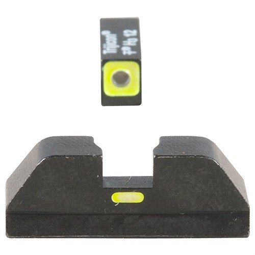 Ameriglo CAP Night Sight Set för Glock erbjuder en ljus tritiumframsikt med grön kontur för snabb målinriktning och en svart baksikt för enkel justering.