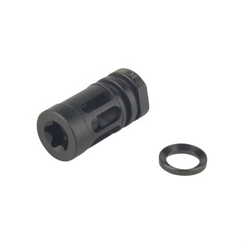 Gunfighter compensator minskar rekyl och blixt, begränsar sidoblast och buller, tillverkad av rostfritt stål med svart oxidfinish, passar .223/5.56mm.