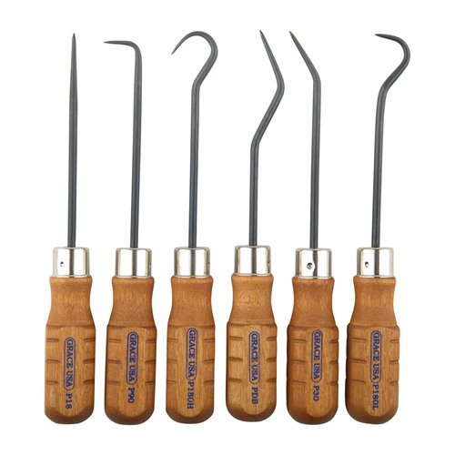 Detta 6-delade Hook and Pick-set från GRACE USA är tillverkat av hållbart US 8650 Chromium-Vanadium stål och har handtag av Maine-hårdträ för långvarig användning.