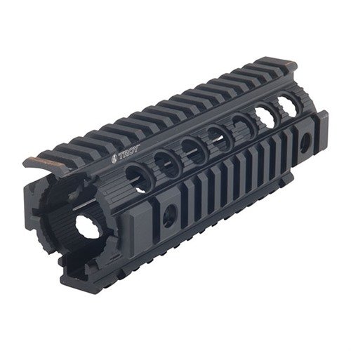 Troy's Enhanced Drop-In Rail är en lättinstallerad uppgradering för M4/M16, med Picatinny Rails och Q.D. Swivels, tillverkad av hållbar aluminium.