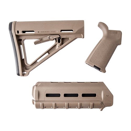 Uppgradera din AR-15 med MAGPULs MOE FURNITURE SET, som inkluderar MOE Mil-Spec stock, MOE carbine forend och MOE grip i Flat Dark Earth.