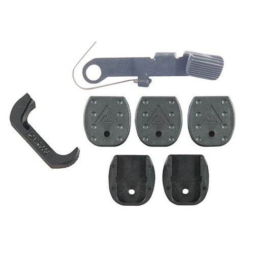Vickers Glock Accessory Pack erbjuder en förlängd magasinrelease för snabbare byten, halkfria bottnar för bättre grepp och en förbättrad tumplatta för snabbare hantering.