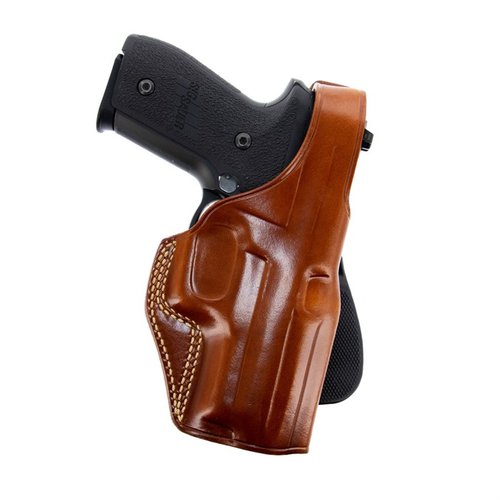 PLE Paddle Holster i premium saddle leather erbjuder säkerhet med thumb break retention strap och enkel montering utan att ta av bältet, passar bälten upp till 1 3/4".
