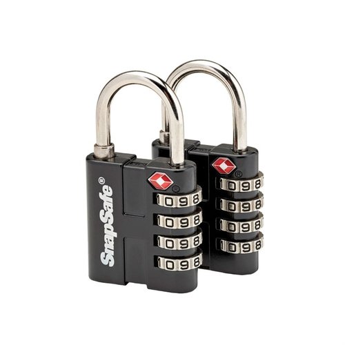 Skydda dina tillhörigheter med SNAP SAFE TSA PADLOCK 2-PACK; 4-siffrig kombination, helt metall, TSA-godkänd, och svårare att bryta än 3-siffriga lås.
