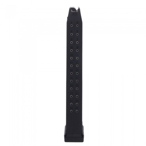 KCI 26-runds magasin för Glock® 21 ger dubbla kapaciteten av .45 ACP, med hållbar polymerkonstruktion och smidiga laddningsfunktioner för effektiv skjutning.