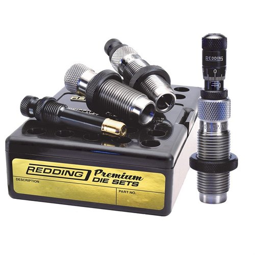 Redding Premium Handgun Die Set erbjuder en Titanium Carbide-sizing die, en innovativ expander med TiN-beläggning och en Bullet Seating Micrometer för precision.