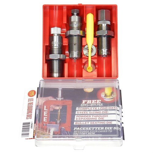 Lee Steel 3-Die Rifle Set innehåller Full Length Sizing Die, Bullet Seating Die och Powder Through Expanding Die, perfekt för att ladda 458 Winchester Magnum.