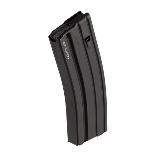 .458 SOCOM magasin från D&H Industries, tillverkade i aluminium med svart finish. Finns i 10- eller 4-rundor, perfekta för AR-15 gevär.
