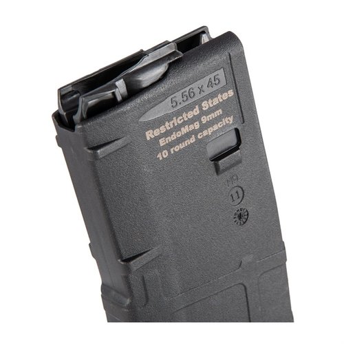 AR-9 Endomags är en 10-runds 9mm-magasin som passar AR-15, perfekt för kapacitetsbegränsade områden och fungerar med Glock- eller Colt-mönster.