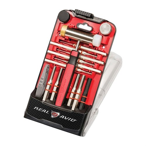 ACCU PUNCH SET från REAL AVID erbjuder en ergonomisk hammare och hex-handtag för exakt kontroll vid borttagning och installation av gun pins, allt i en modern förvaringslåda.