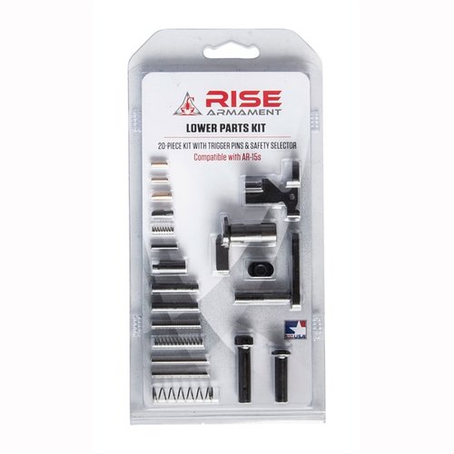 Fullständigt AR-15 Lower Parts Kit från Rise Armament med alla nödvändiga delar för att slutföra din nedre mottagare, utom fire control group, grepp och avtryckarskydd.