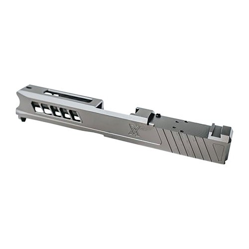 AXIOM-slide för Glock 43/43X, tillverkad i USA, med RMSc-optikskärning, anodiserad täckplåt, och aggressiv design i Stealth Grey.