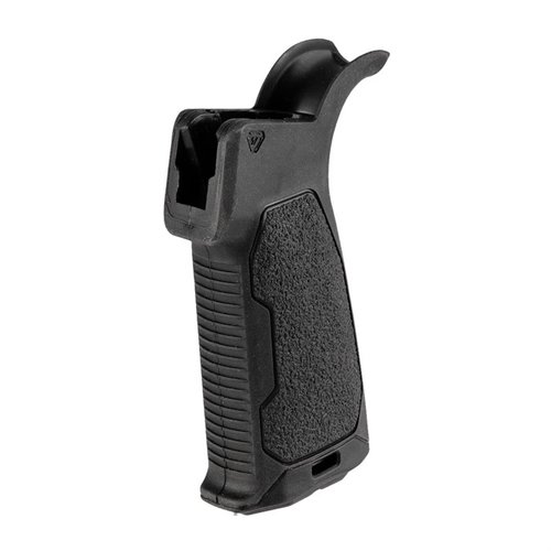 Strike Industries AR-15 gummibelagd pistolgrepp erbjuder ett strömlinjeformat grepp med tre vinklar för ökad kontroll, komfort och säker förvaring.