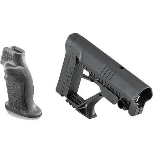 MBA-5 Buttstock är en lätt, justerbar kolv med paddeljustering, fläktkindstöd för komfort och Chubby Grip för bättre grepp och avtryckarkontroll.