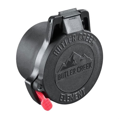 Butler Creek Element Scope Caps är hållbara med en flexibel sleeve och en flip-out dope disk för vind- och höjdinformation, perfekt för jägare och skyttar.
