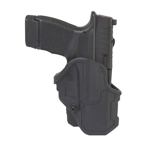 T-SERIES L2C-holstern erbjuder säkerhet med thumb-activated retention och Master Grip Principle för snabb dragning, samt hållbar polymer och ljuddämpande lining.