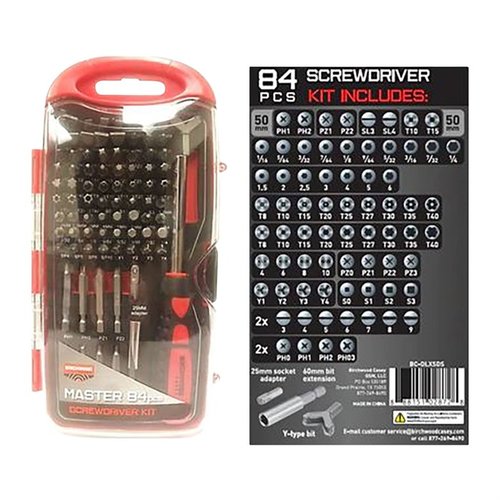 MASTER SCREWDRIVER SET med 84 delar erbjuder ett komplett utbud av bitar inklusive Slotted, Philips, Torx, Hex och mer, perfekt för alla dina verktygsbehov.