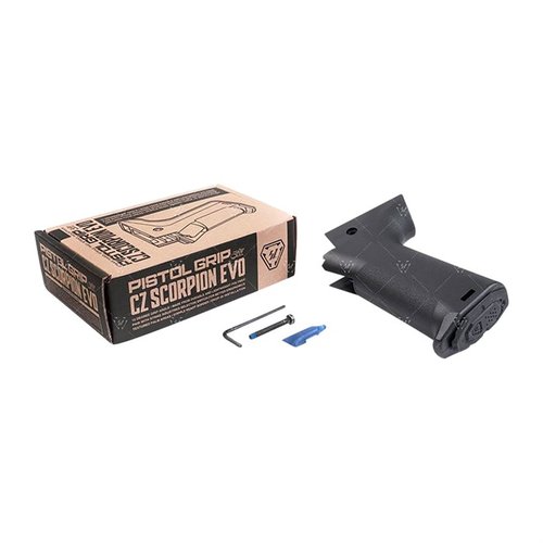 Strike Industries Pistol Grip för CZ Scorpion EVO erbjuder bättre ergonomi, texturerade ytor för grepp, och en bekväm beaver tail med säker förvaring.