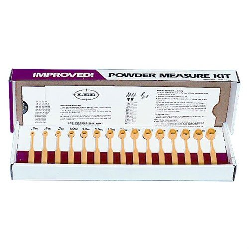 Lee Powder Measure Dipper Kit innehåller 15 graderade powder dippers från .3cc till 4.3cc, och en praktisk slide card med powder dispensing chart.