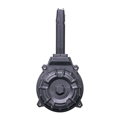 50-skotts trommelmagasin för Glock® 17 & 19 9mm, tillverkat av DuPont® Zytel™ polymer, med injektionsgjuten följeslagare och fjäder av värmebehandlad krom-silikon.