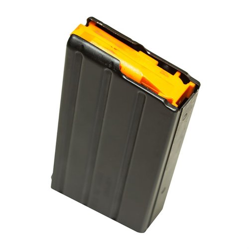 .350 Legend magasin för AR-15 med rostfritt stål och svart finish, anti-tilt follower för pålitlig matning, tillgänglig i 5- eller 10-runds kapacitet.