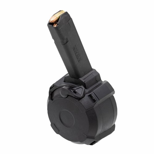PMAG D-50 GL9 är en 50-runds trummagasin för Glock, med lättanvänd laddningsmekanism, fönster för rundor kvar och låsning av slutstycket.