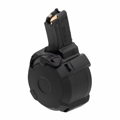 Magpul PMAG D-50 MP är en lätt och hållbar trummagasin med 50 skott, ratcheting loading lever och fönster för rundräkning, perfekt för HK94/MP5.