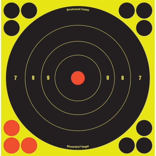 SHOOT-N-C® TARGET, 8" BULLSEYE ger tydliga träffar med fluorescerande färger, självhäftande baksida och inga behov av kikare. Perfekt för träning!