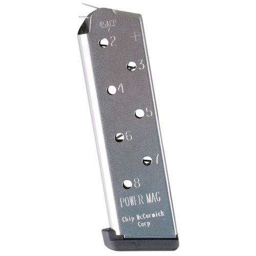 Chip McCormick 1911 8RD 45ACP Power Plus Magazine erbjuder pålitlig prestanda med anti-tilt follower, stark fjäder och snabb rundräkning för självförsvar och tävling.
