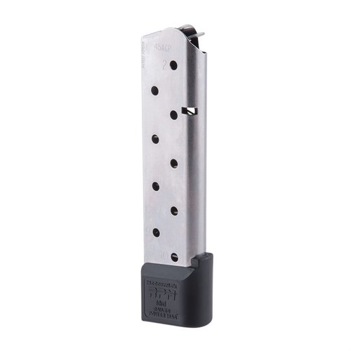 Chip McCormick .45 ACP Railed Power Mag erbjuder pålitlig matning med unika feed rails, rostfritt stål, och en kapacitet på 10 skott för optimal prestanda.