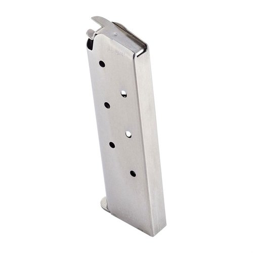 .45 ACP 1911 magasin med 7 skott, tillverkat i rostfritt stål för hållbarhet, med extra kraftfjäder och synliga rundhål för enkel räkning.