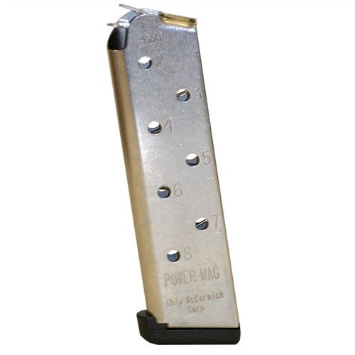 Chip McCormick 1911 8RD .45 ACP Power Mag erbjuder pålitlig matning, slitstark konstruktion och 8-runders kapacitet för tävlings- och självförsvarsskyttar.