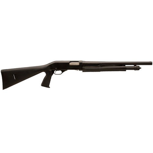 Stevens 320 Security Pump 12ga med pistolgrepp erbjuder pålitlig pumpaction, 18.5-tums säkerhetslopp och fem-plus-ett kapacitet för alla taktiska situationer.
