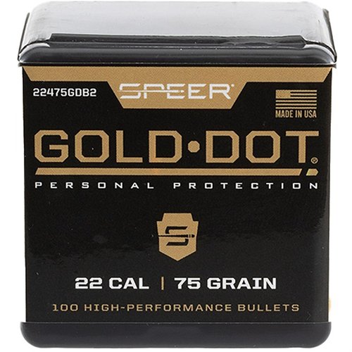 Speer Gold Dot Bullets 224-75-Gr erbjuder överlägsen precision och pålitlighet, idealiska för jakt och tävling med sin avancerade design och högkvalitativa material.