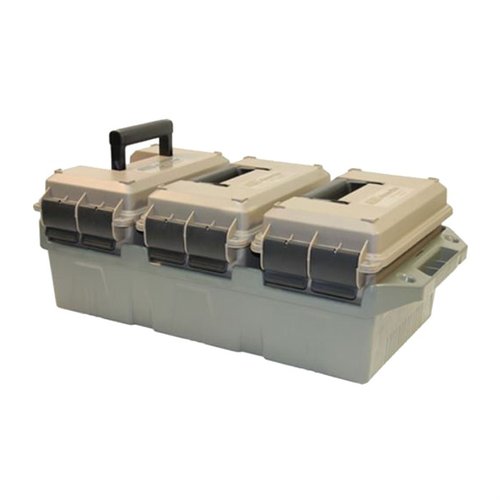 MTM 3-Can Ammo Crate 50 Cal Dark Earth erbjuder hållbar förvaring för ammunition, är stapelbar och lätt att transportera, perfekt för jägare och skyttar.