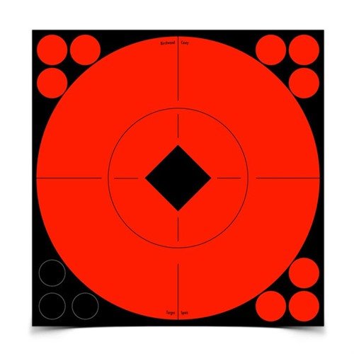 Birchwood's 8" Target Spots ger en tydlig Bull's-Eye för träning. Självhäftande med hög kontrast och orange färg för bättre träffar och 96 reparationslappar.