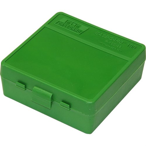 MTM Ammo Box 100 Round Flip-Top 38 - 357 erbjuder hållbarhet och enkel åtkomst till ammunition, perfekt för skytte och förvaring av dina patroner.
