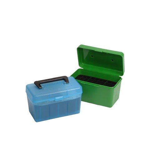MTM Deluxe Ammo Box rymmer 50 patroner och har ett praktiskt handtag, perfekt för 300 WSM och 300 Rem Ultra Mag, hållbar och lätt att transportera.